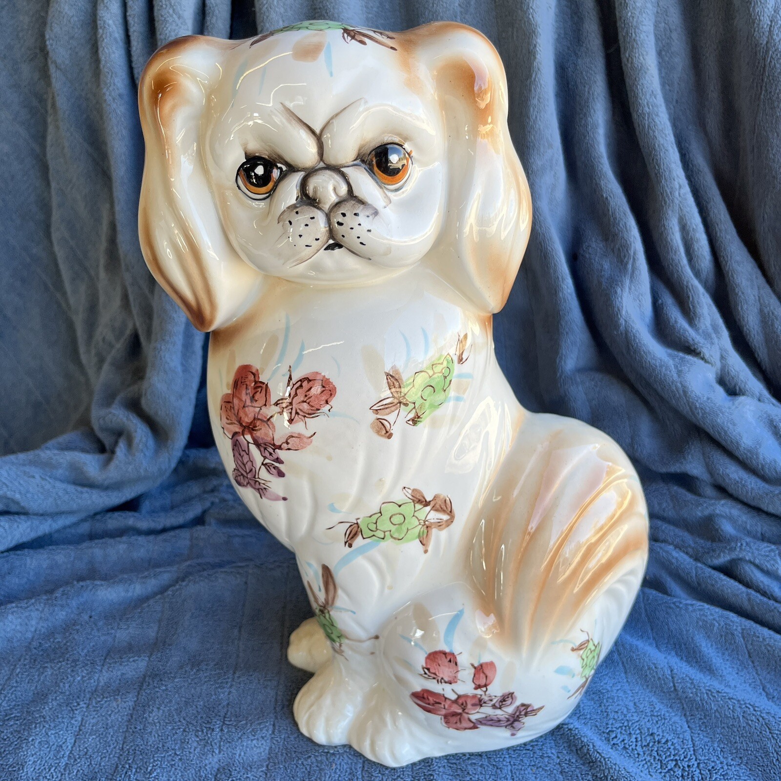 Antique Vintage Extremely Rare Pekingese Dog Ceramic Hand painted large figurine