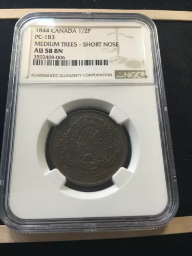 1844  Can.Token**PC-1B3, Breton #527, NGC Graded**AU-58** Halfpenny Token 