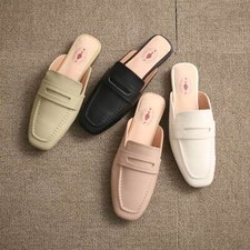 Korean Style Women Slip On Loafers Mules Closed Toe Flats Slippers Leather Shoes