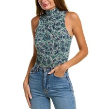 Cinq Sept Roxine Bodysuit Size Smal Mock Neck Back Zip Peacock Swirl Green