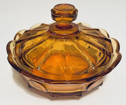 Vintage Fostoria Coin Glass Amber Candy Dish Liberty Bell Coin Patriotic