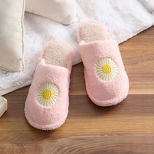 Yellow Daisy Pink Winter Plush Slippers Women's Size XL 11-12