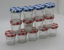 Vtg Lot/13 Bonne Maman Mini Jam Jelly Craft Jars Gingham Lids 4 Blue/9 Red 2 OZ.
