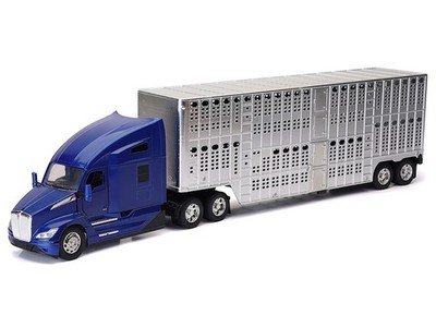 KENWORTH T680 TRUCK BLUE W/LIVESTOCK TRAILER 1/32 DIECAST MODEL BY