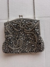 Vintage La Regale Beaded Evening Bag Silver Rhinestone Clutch Purse Chain