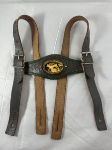 Bavarian Lederhosen Suspender( Brown Leather,Green Embroidery, Deer Crest)