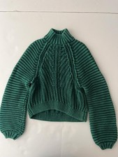 Free People Sweater Womens XS Green Ribbed Knit Mock Neck Cropped Cotton Raglan