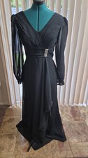 Black Chiffon Maxi Dress Rhinestone Accents Lace Up Sheer Sleeves Formal Gown