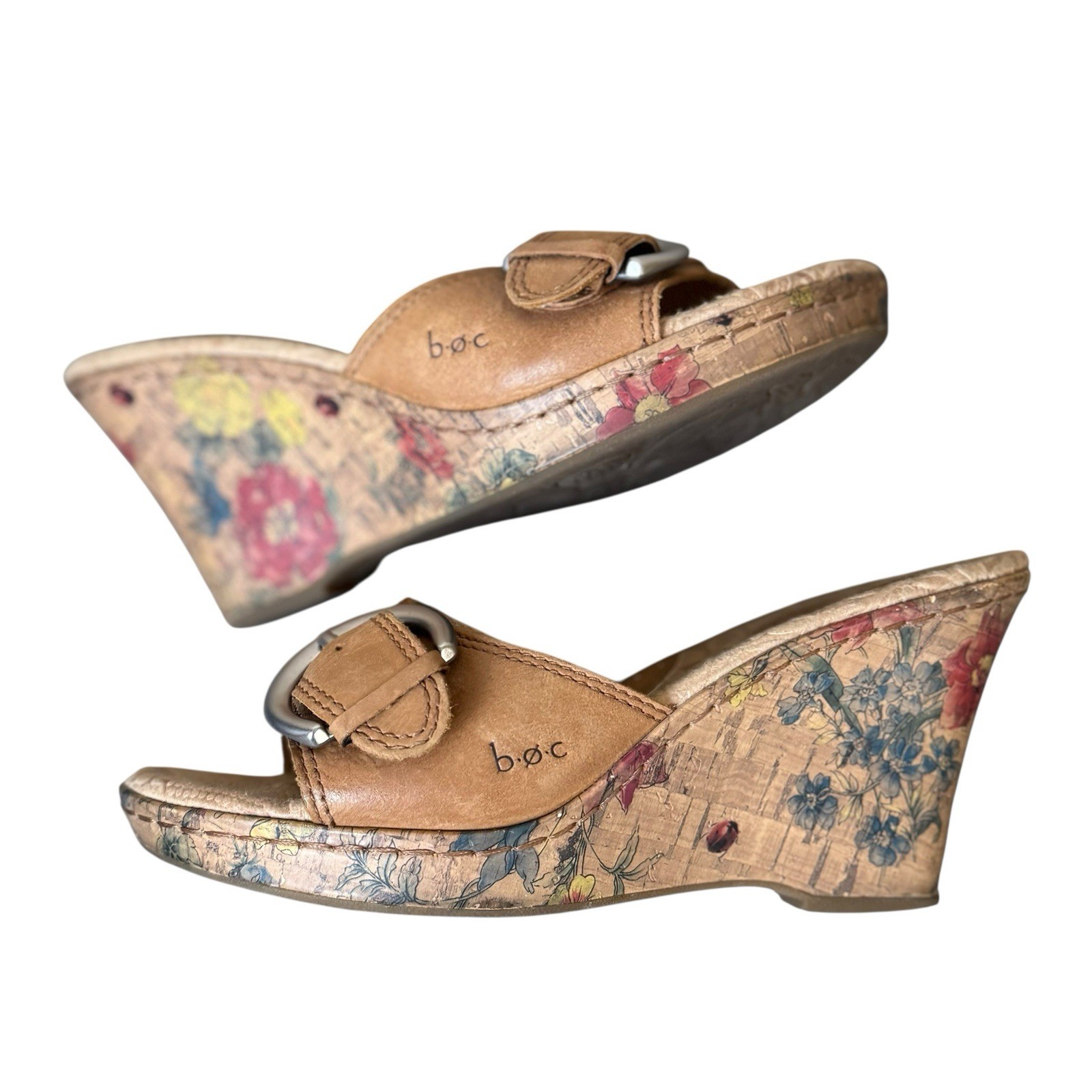 BOC Concepts Born Tan Floral Wedge Heel Open Toe Mule Sandals Size 6 with Buckle