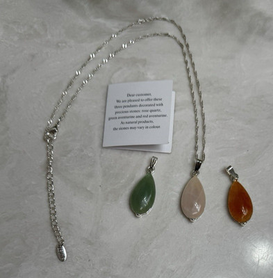 New Signed LBVYR Chain Necklace w/3 Pendants-Rose Quartz, Green & Red Aventurine