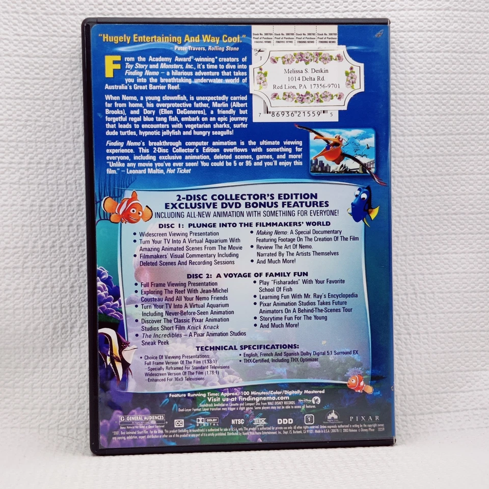 Walt Disney Pixar: Finding Nemo (1) (DVD 2003 2-Disc Collector's Edition) WS -FS - Image 2 of 4