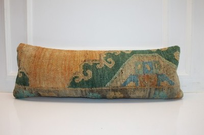 Muted Green Turkish Rug Pillow Cover 12x36, Earth Tone Lumbar Cushion, Antique