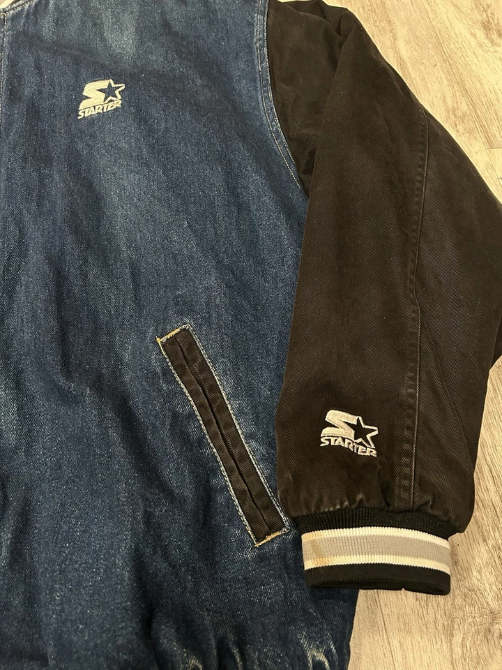 Chaqueta de bombardero de mezclilla universitaria Starter Sport vintage rara forrada con edredón talla X-grande Foto 2 de 4
