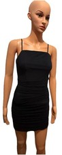 Black Bodycon Mini Dress Spaghetti Strap Ruched Stretch Fitted Womens Size S
