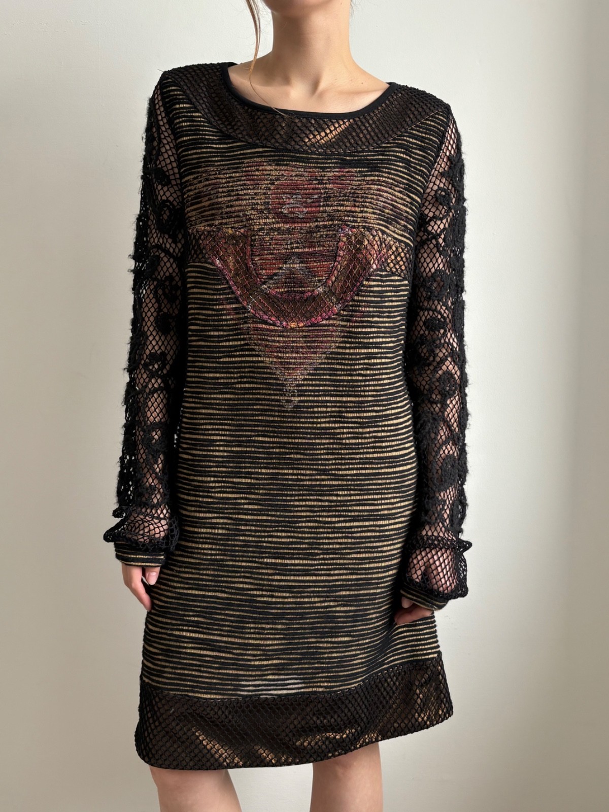 NO US DUTIES Save The Queen Dress Black Mesh Metallic Copper Boho Printed XL