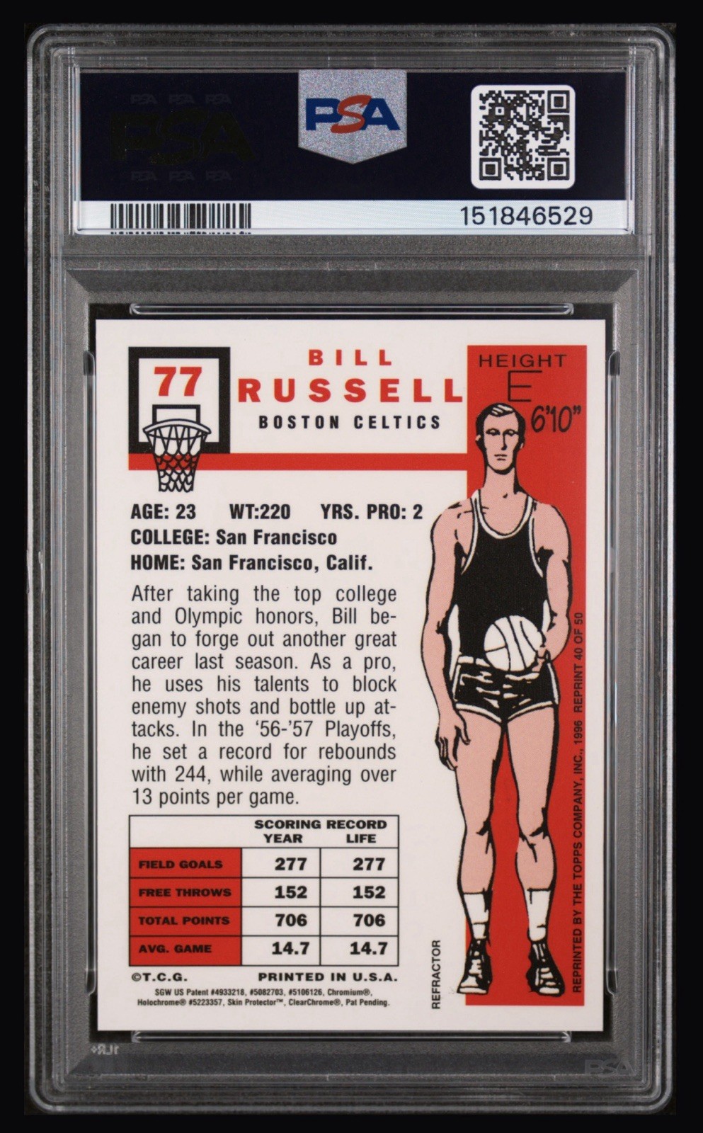 1996 Topps Finest Bill Russell Reprint #40 Refractor Coating PSA 7 view 2