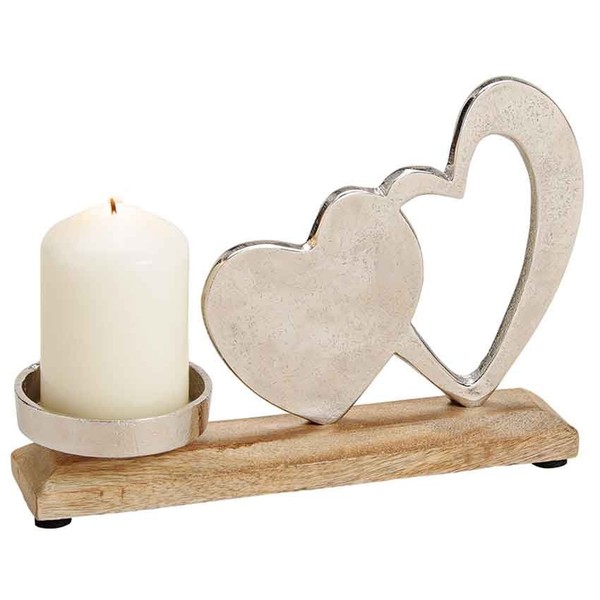KerzenstäNder Mit Silbernen Herzen | Eleganter Kerzenhalter Aus Holz Und Metall-image