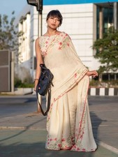 Plain Linen Saree Digital Floral Print Soft Linen Blouse Indian Casual Wear Sari