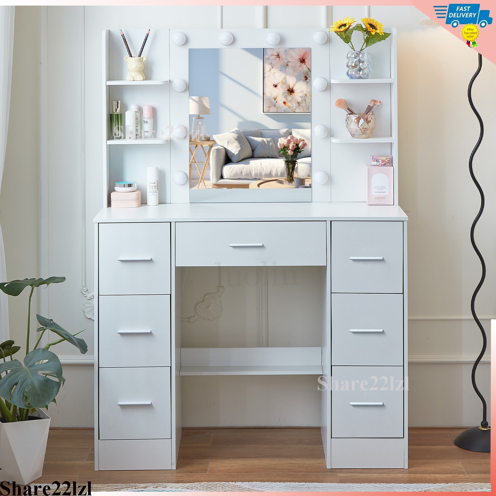 Vanity Set Makeup Desk Dressing Dresser Desk Table with 7 Drawer with Led Lights