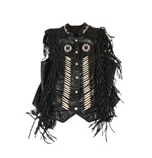 Vintage Tribe America Women s Leather Biker Vest Fringe Bone Bead Work Sz 14 USA