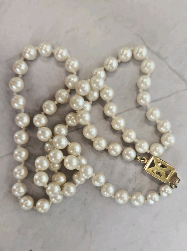 Vintage Monet Hand-Knotted Faux Pearl Strand Necklace with Ornate Box Clasp