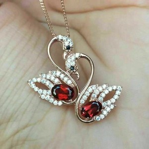 Authentic 2.60Ct Oval Simulated Ruby Double Swan Pendant 18'' Necklace14K Rose Gold Plated