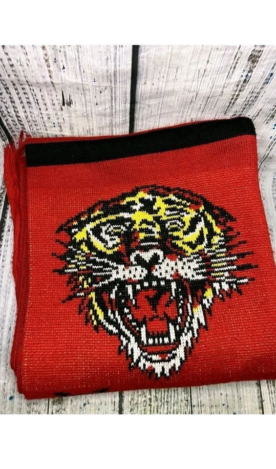 Vintage Ed Hardy by Christian Audigier Tiger Striped Red Fringed Scarf 9"x70" - Image 4 of 4