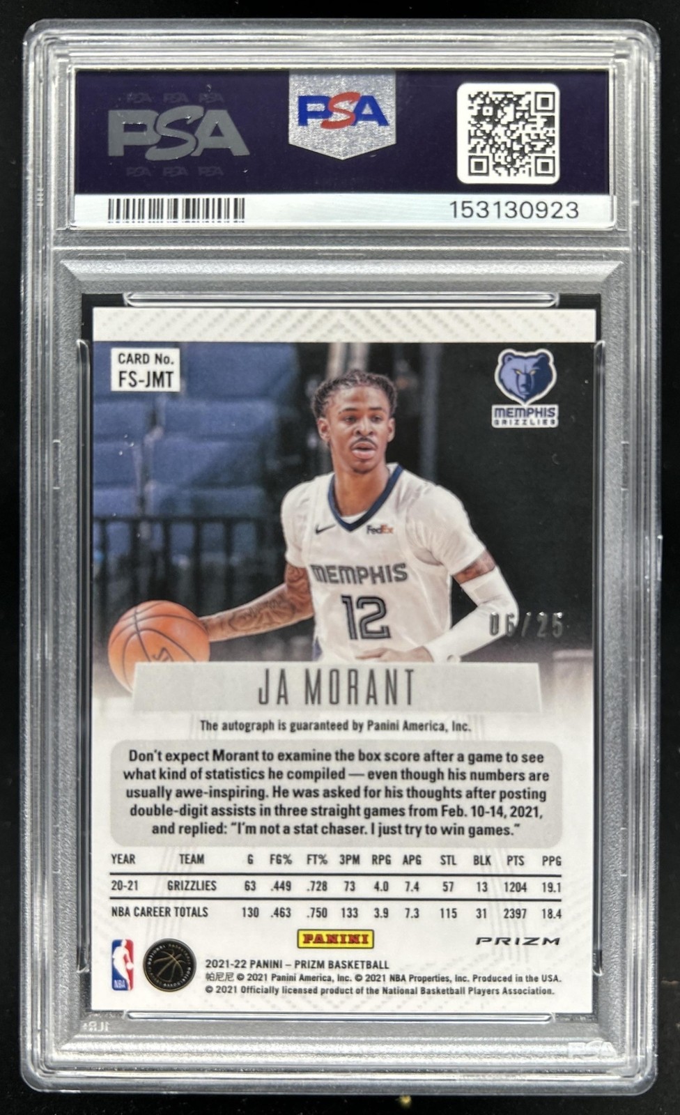 2021-22 Panini Prizm Ja Morant Flashback Signatures Prizm Mojo Auto #/25 PSA 10 view 2