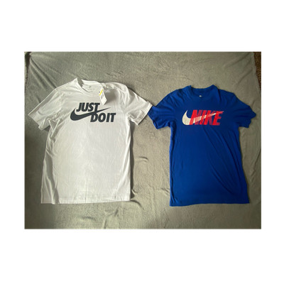 2x Nike Tee Herren T-Shirt weiß/blau, Kurzarm, Logo, S XS, Baumwolle