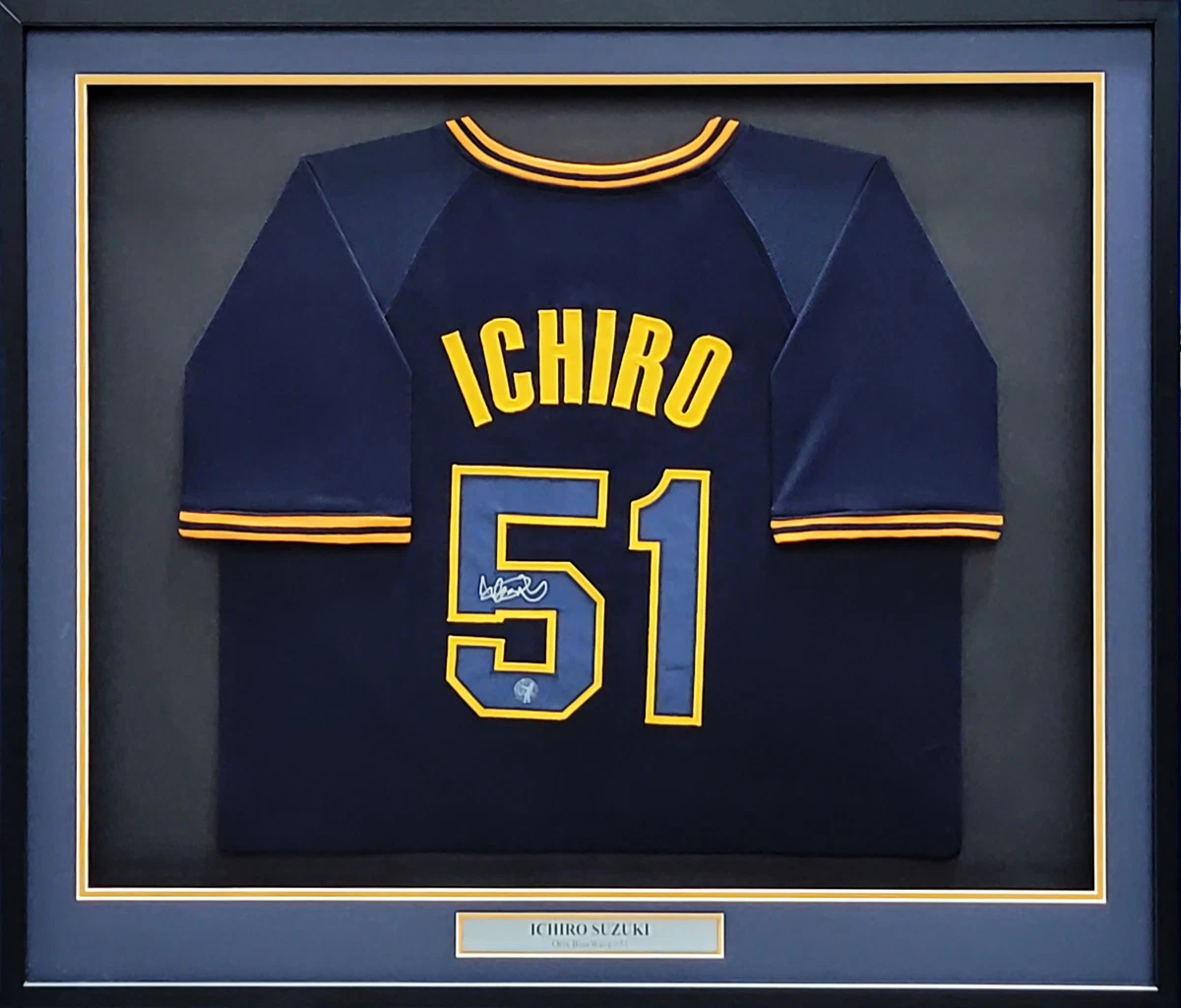 ORIX BLUE WAVE ICHIRO SUZUKI AUTOGRAPHED FRAMED NAVY JERSEY IS