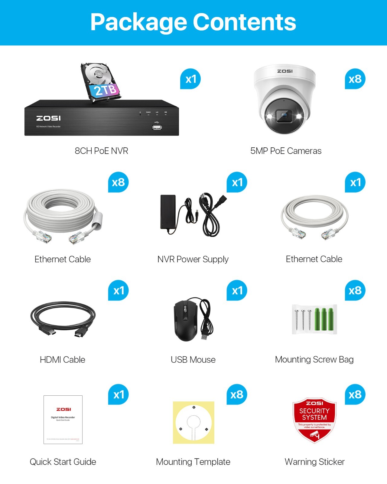 ZOSK 4K NVR 8CH 5MP PoE CCTV Security Camera System AI Person Vehicle Detect 2TB