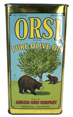 Orsi Pure Olive Oil Tin One Gallon Can Empty Never Filled Vtg NOS Roseville CA