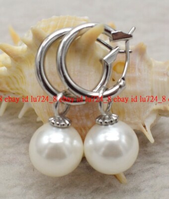 Natural Beautiful14mm White South Sea Shell Pearl Round Gemstone Beads Earrings