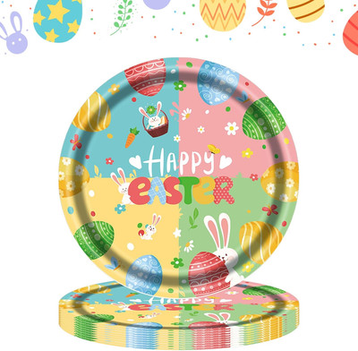 16PCS Ostern Pappteller Einweg-Partygeschirr, Happy Easter Kaninchen-Eier-Teller