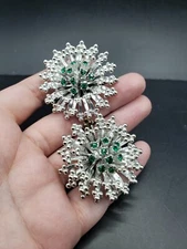 Vtg Emmons Starburst Clip Ons Green Rhinestone Earrings Statement Signed READ