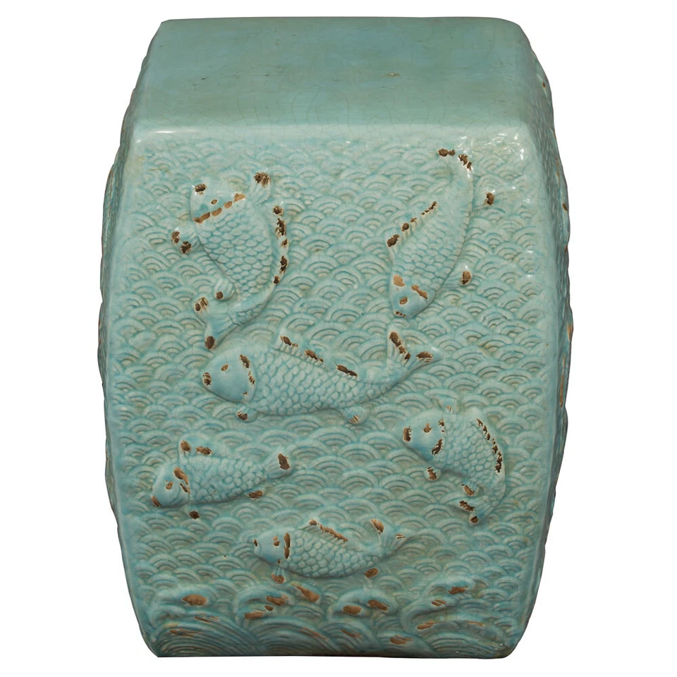 US Seller - Distressed Celadon Porcelain Koi Fish Pond Asian Garden Stool - Image 3 of 4