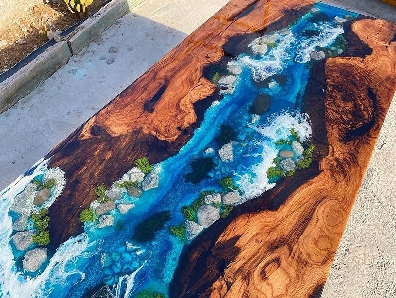 Custom Made Blue Epoxy Dining Table with Shells Resin River Coffee/Side Table - Image 2 of 4