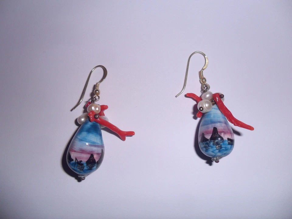 orecchini in argento 925 corallo perle e ceramica di caltagirone decorata - Immagine 2 di 4