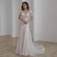 Mermaid Wedding Dresses Detachable Sleeves Applique Tulle Backless Bridal Gowns