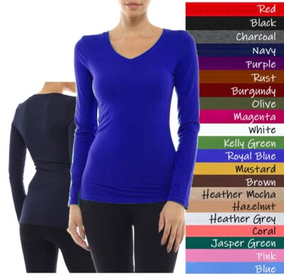 (Bozzolo) Long Sleeve Plain V-neck T-shirts Cotton/Spandex Junior Size (S-3X)