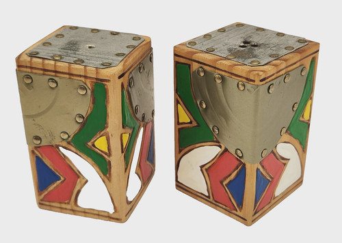 Vintage Salt And Pepper Shakers Geometric Wood Metal Art Deco Southwestern Decor
