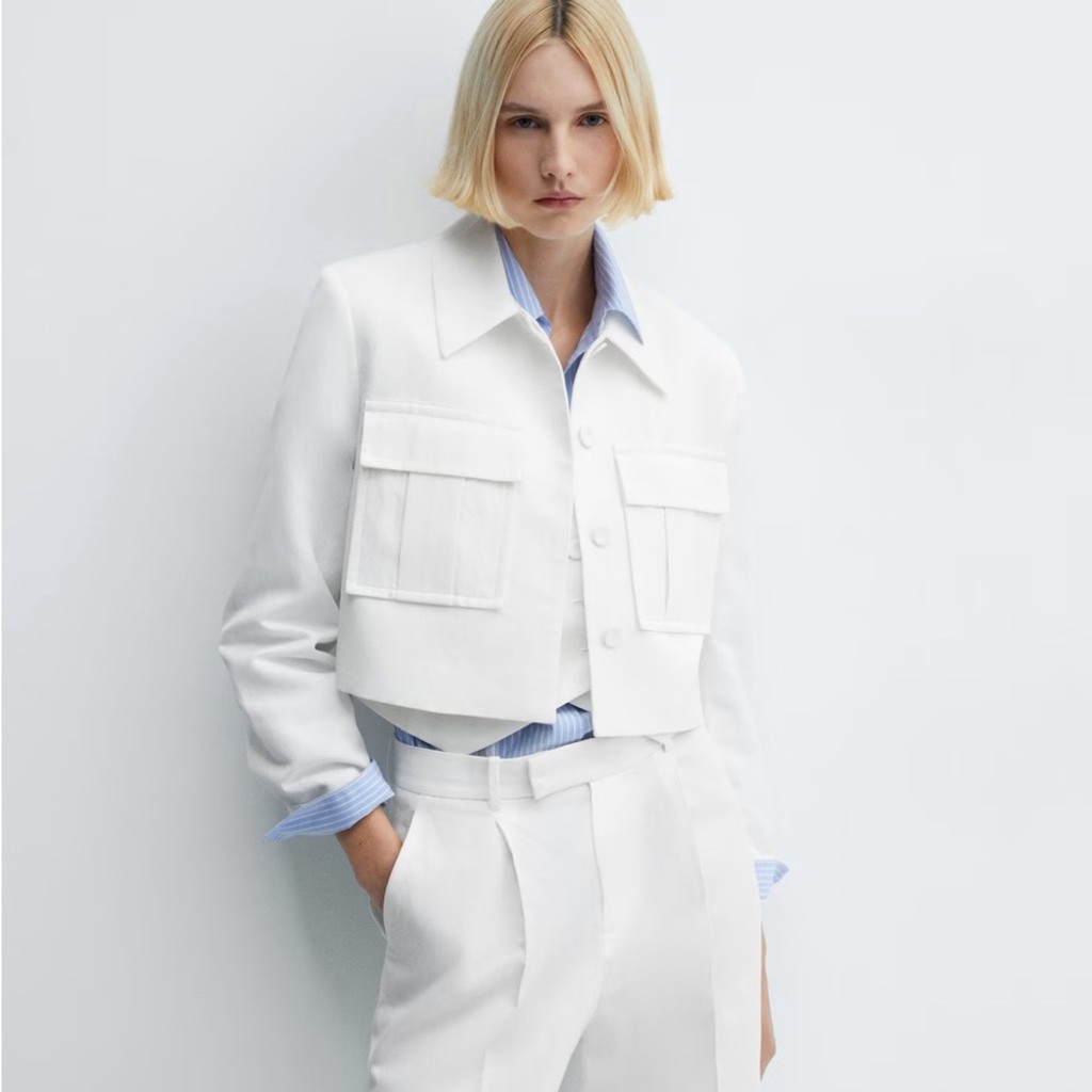 Mango White Cropped Linen Suit Jacket with Pockets Size Medium