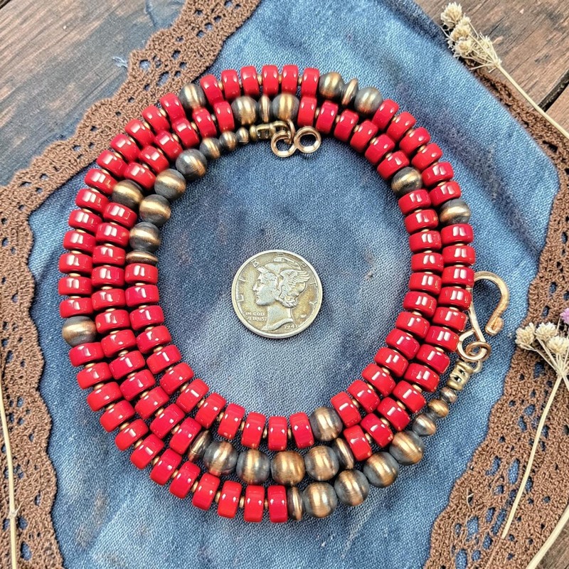 24" NAVAJO Desert Pearl Red Coral Beads Western Native Southwest Boho Necklace
