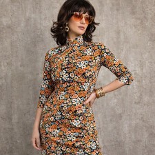 Vintage 70s Floral Cheongsam Style Dress Mandarin Collar Handmade Mod Sheath