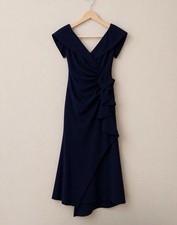 XSCAPE Navy Off Shoulder Cap Sleeve Wrap Ruffle Midi Dress Size 6P