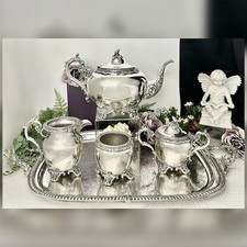 Antique Sheffield Silver Plate Tea Set w Tray 5 Pc Silverplate on Copper England
