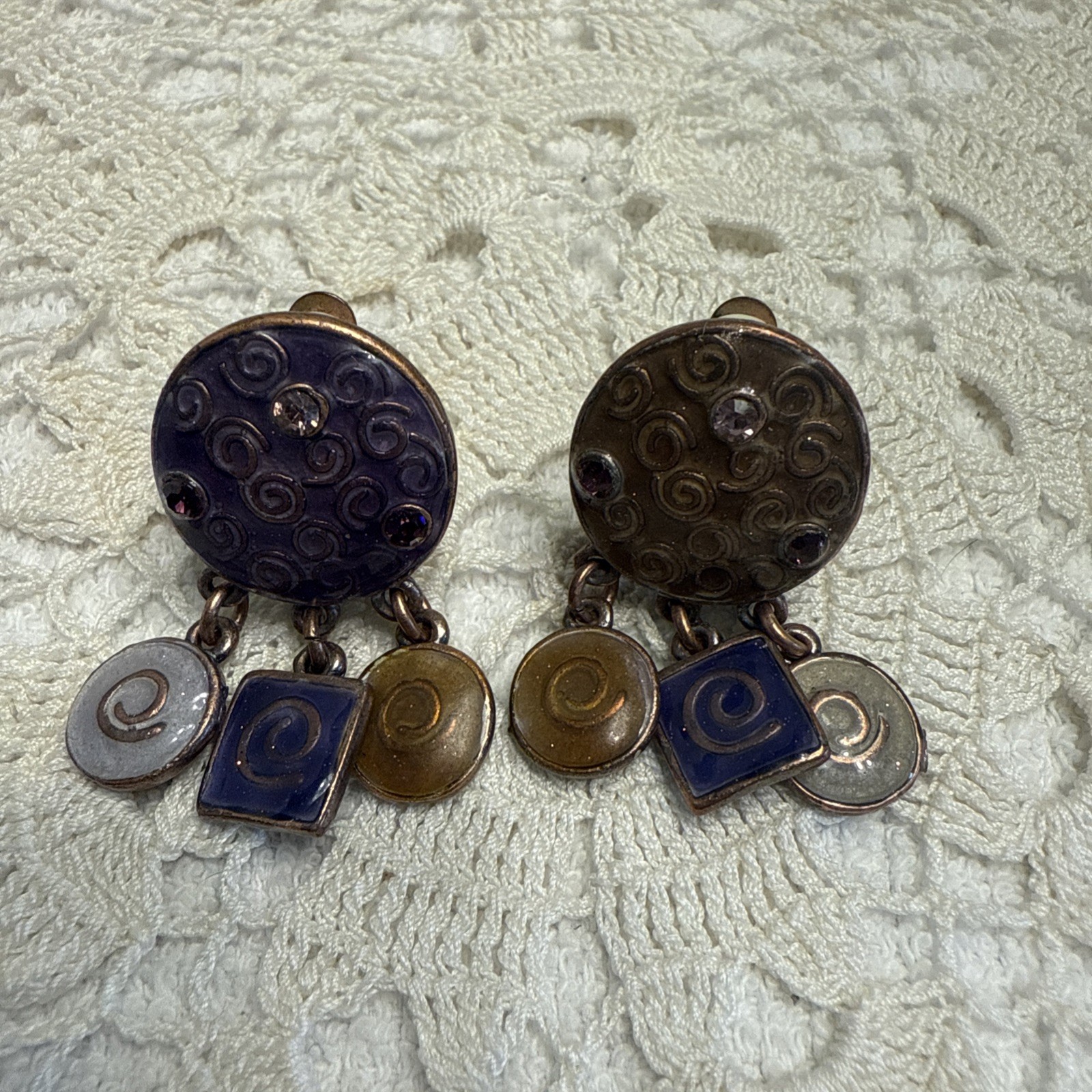 Signed TS Multi Color Dangle Clip-On Earrings Pur… - image 1