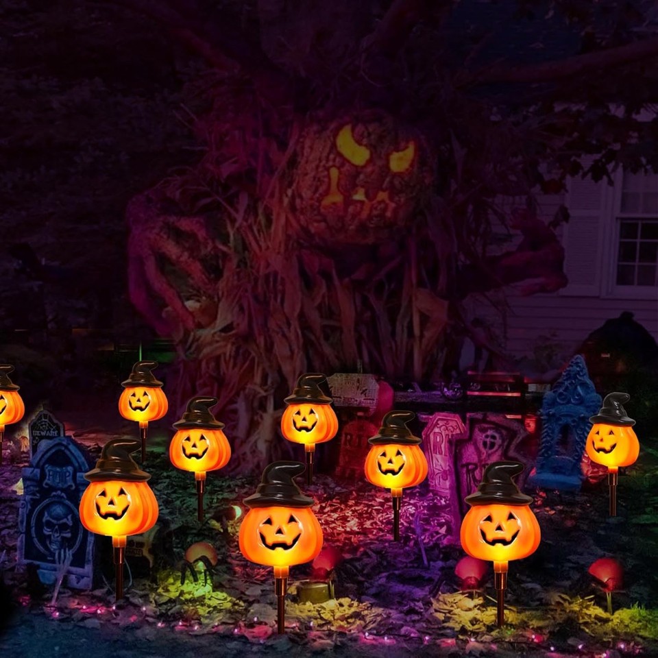 6 Pack Solar Jack O Lantern Stake String Lights - Orange Halloween ...