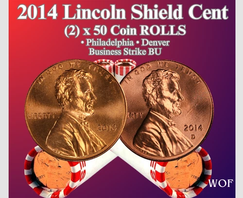 2014 P & D LINCOLN SHIELD CENT 100 COIN SEALED 2 ROLL SET NEW MINT BU