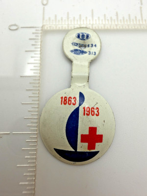 Vintage 1863/1963 Red Cross Tab Bend Tab Lapel Pin-5/8  Diameter